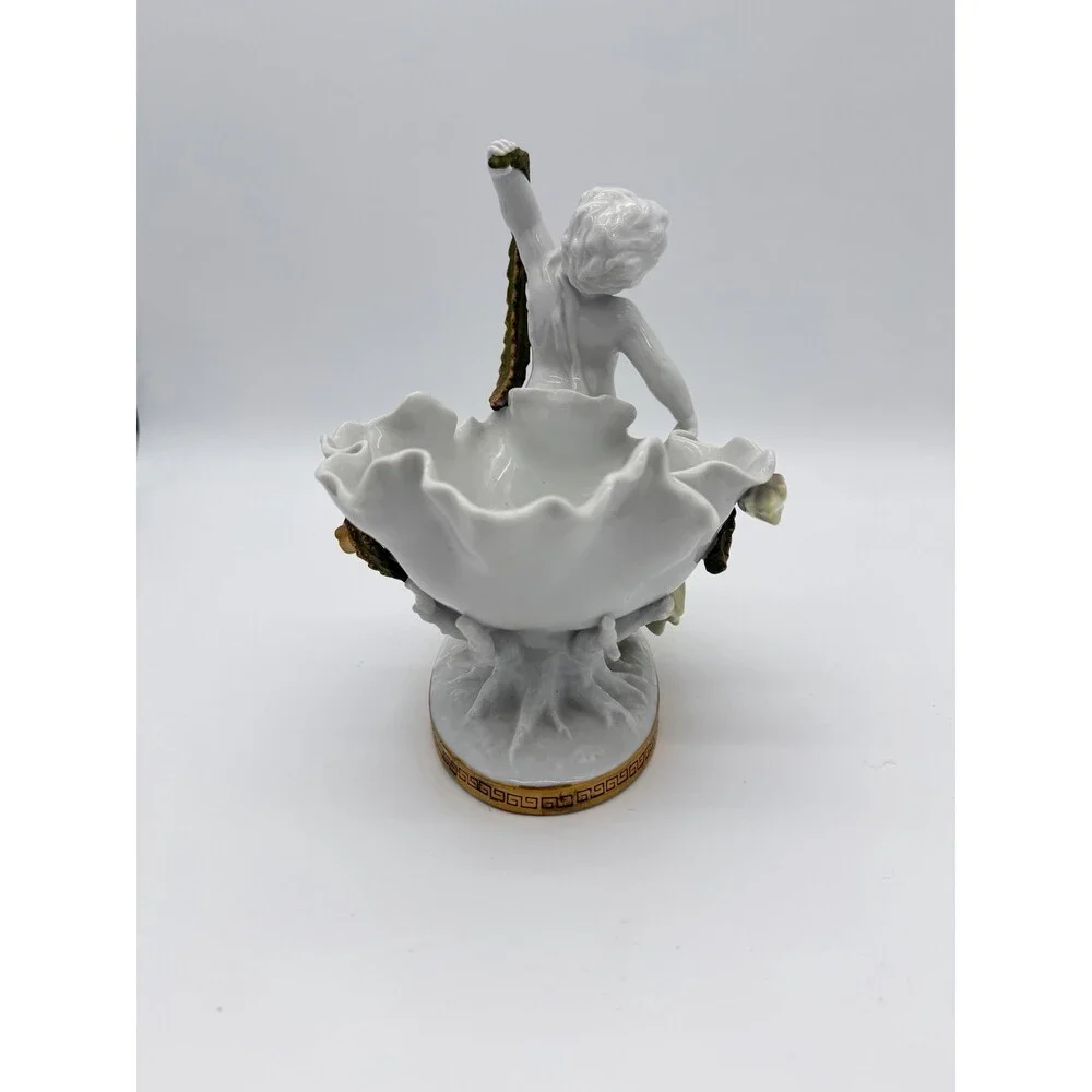 Antique Moore Bros White/Gold Trim Orchid Porcelain Putti Cherub Bowl Sculpture